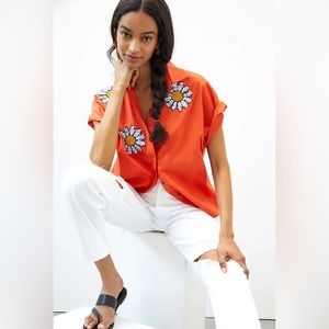 Anthropologie Floral Beaded Button Down